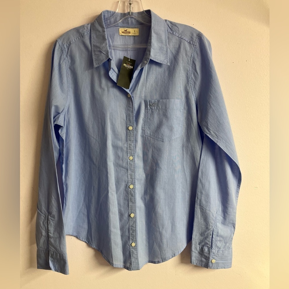 Hollister Women’s Button Front Collared Shirt, Large, Long Sleeve, Blue, NWT